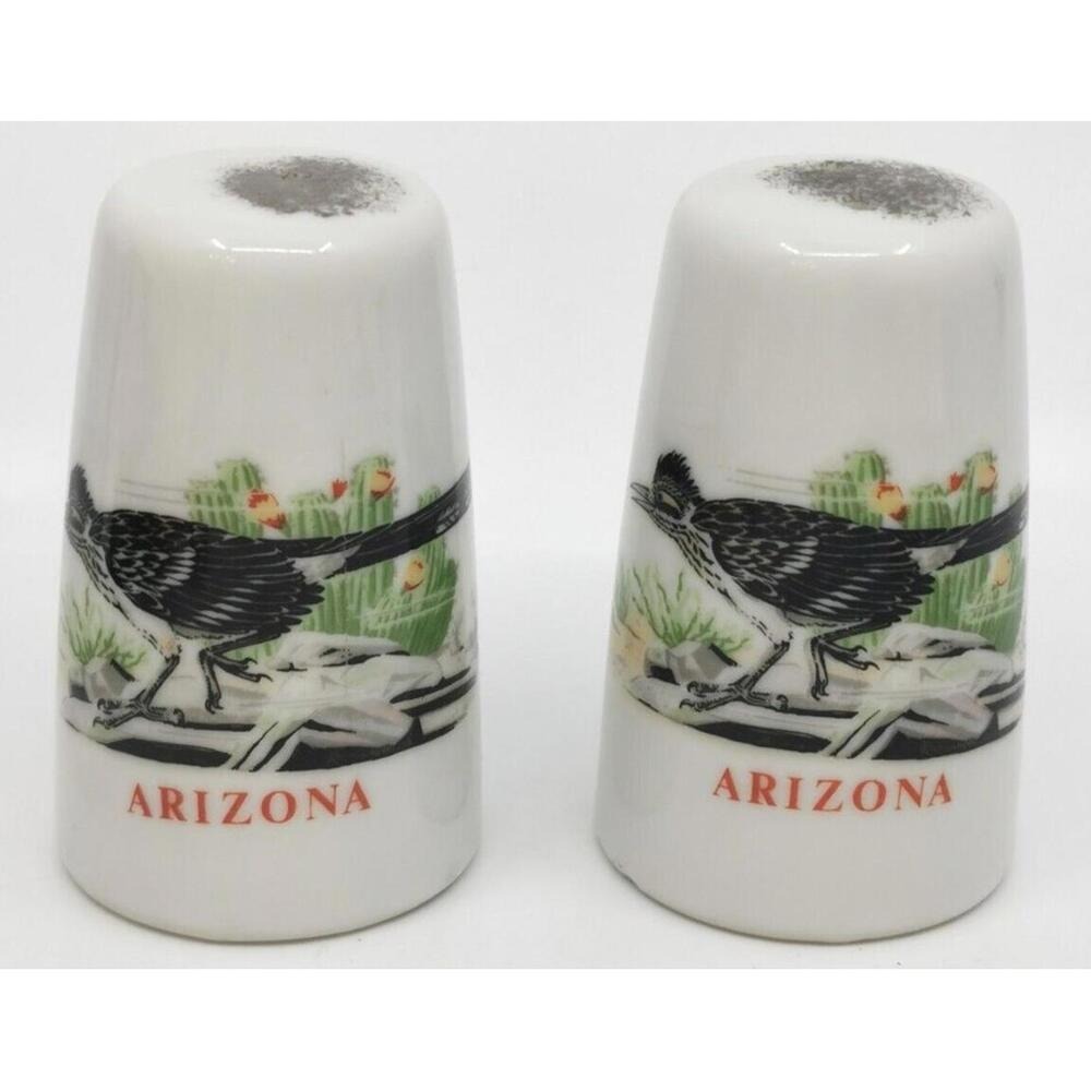 ARIZONA ROADRUNNER SALT AND PEPPER SHAKERS VINTAGE 3" CERAMIC WEST US SOUVENIR